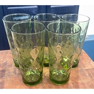 Set Of 5 MCM Tumblers Hazel Atlas El Dorado Green Bubble Dot Glasses 6.5" 16oz